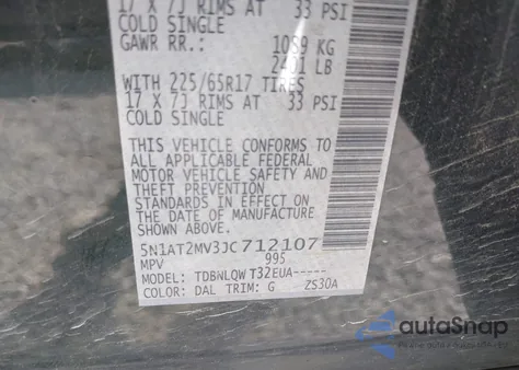 2018 Nissan Rogue Sv из США, поврежденный, VIN 5N1AT2MV3JC712107